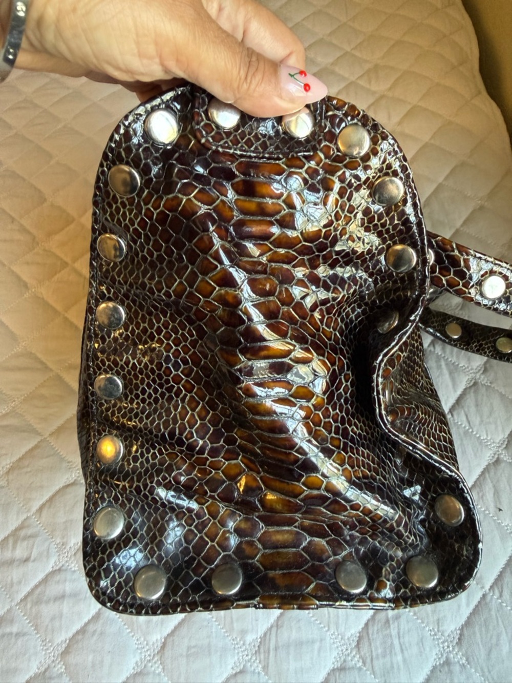 Hammitt Leather Studded Handbag – Brown Snakeskin Embossed - Picture 8 of 16